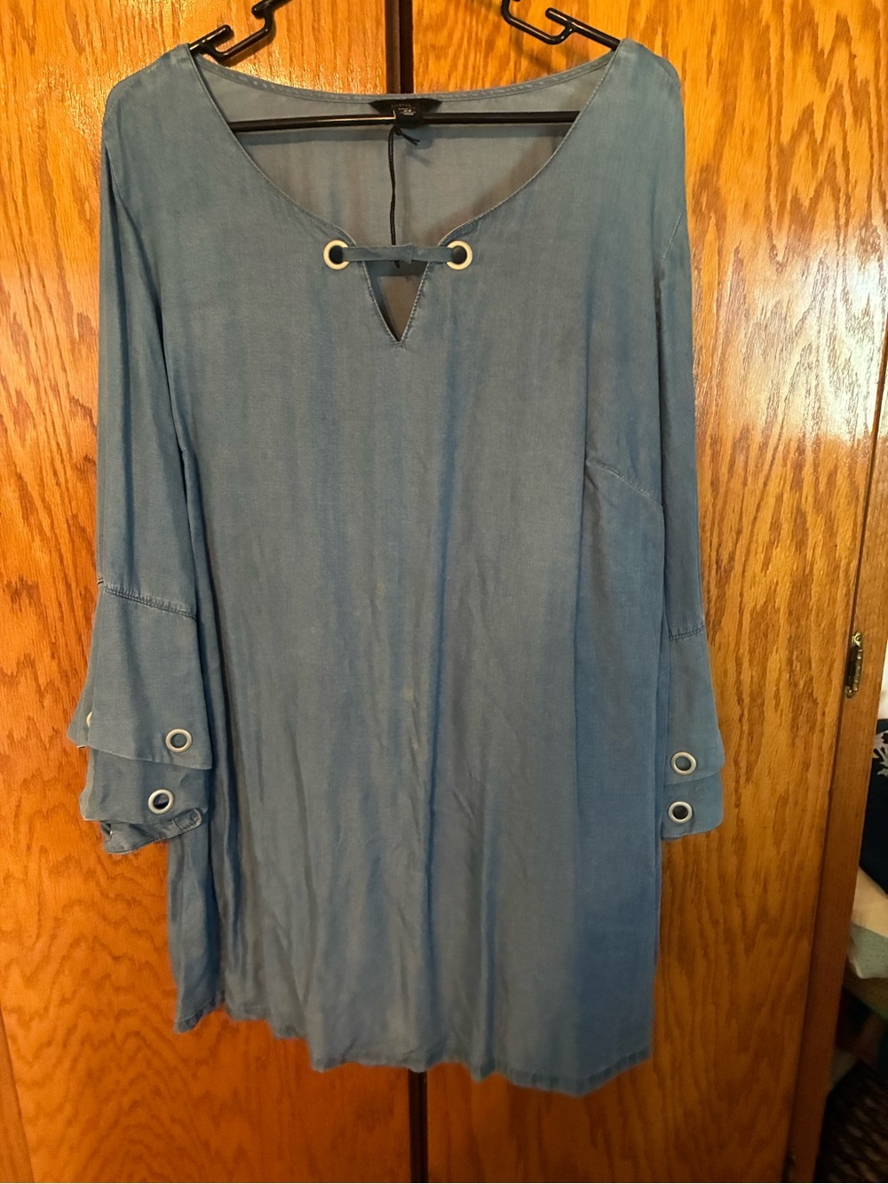 Women's Blue Roll-Sleeve Tunic Blouse